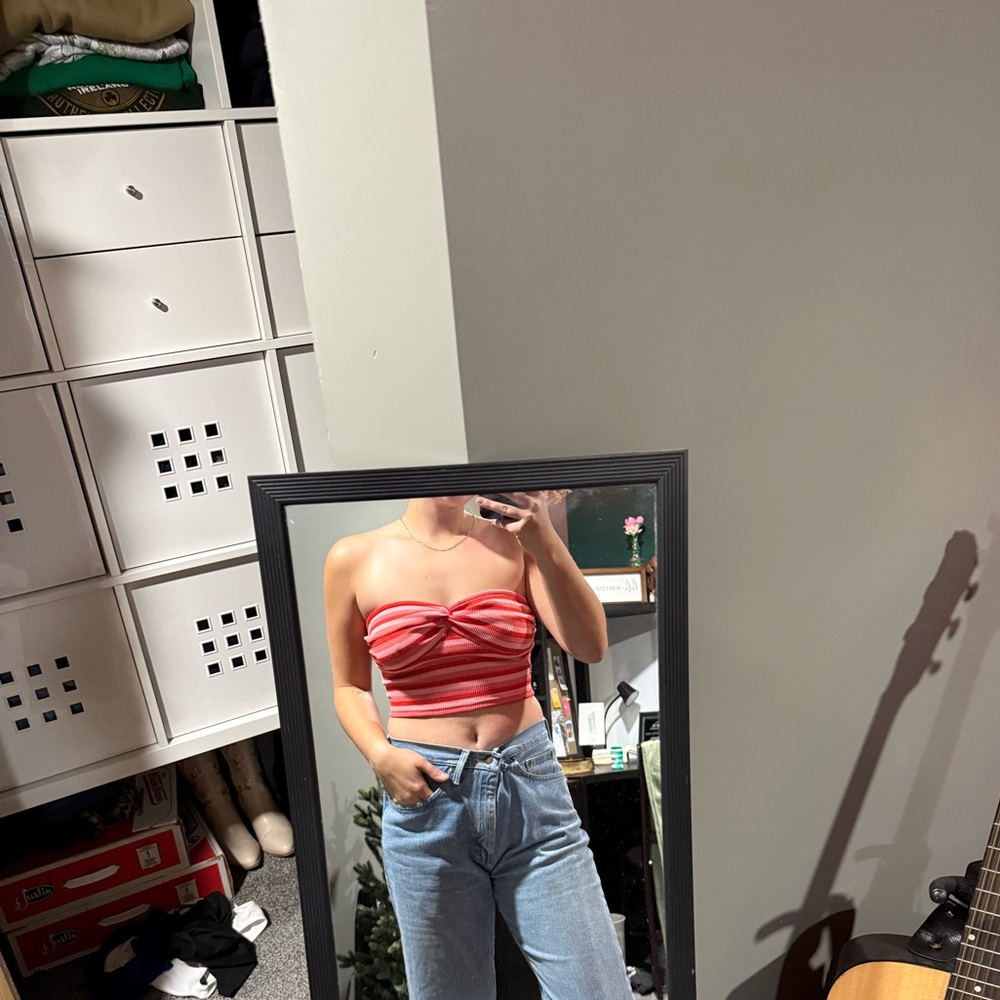 Red and Pink Striped Tube Top
